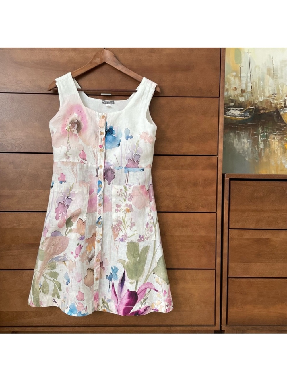 Dolcezza Linen Floral Art Midi Dress Small Watercolor Button Front Whimsical - Picture 2 of 13